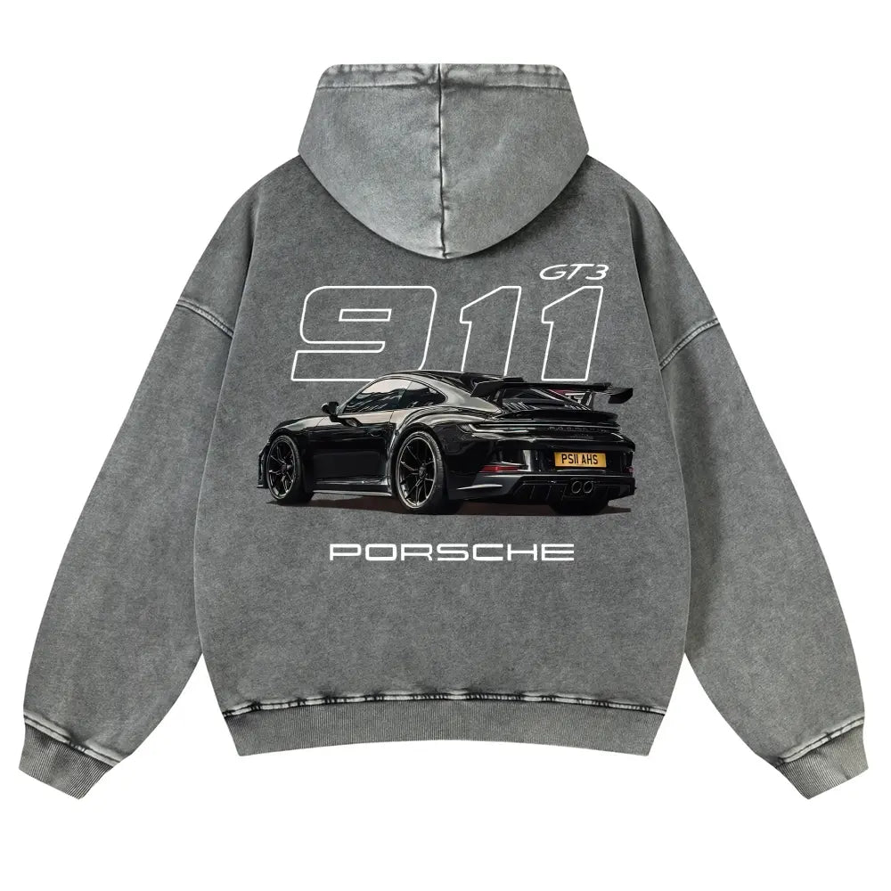 Men's 380g Thick Cotton Hoodie - 911 GT3 Graphic, Vintage Washed, Retro Fade Craft, Long-Sleeves, Unisex Pullover Tops, Soft Fabric, Street Wear Menswear Sweatshirts, Casual Warm
